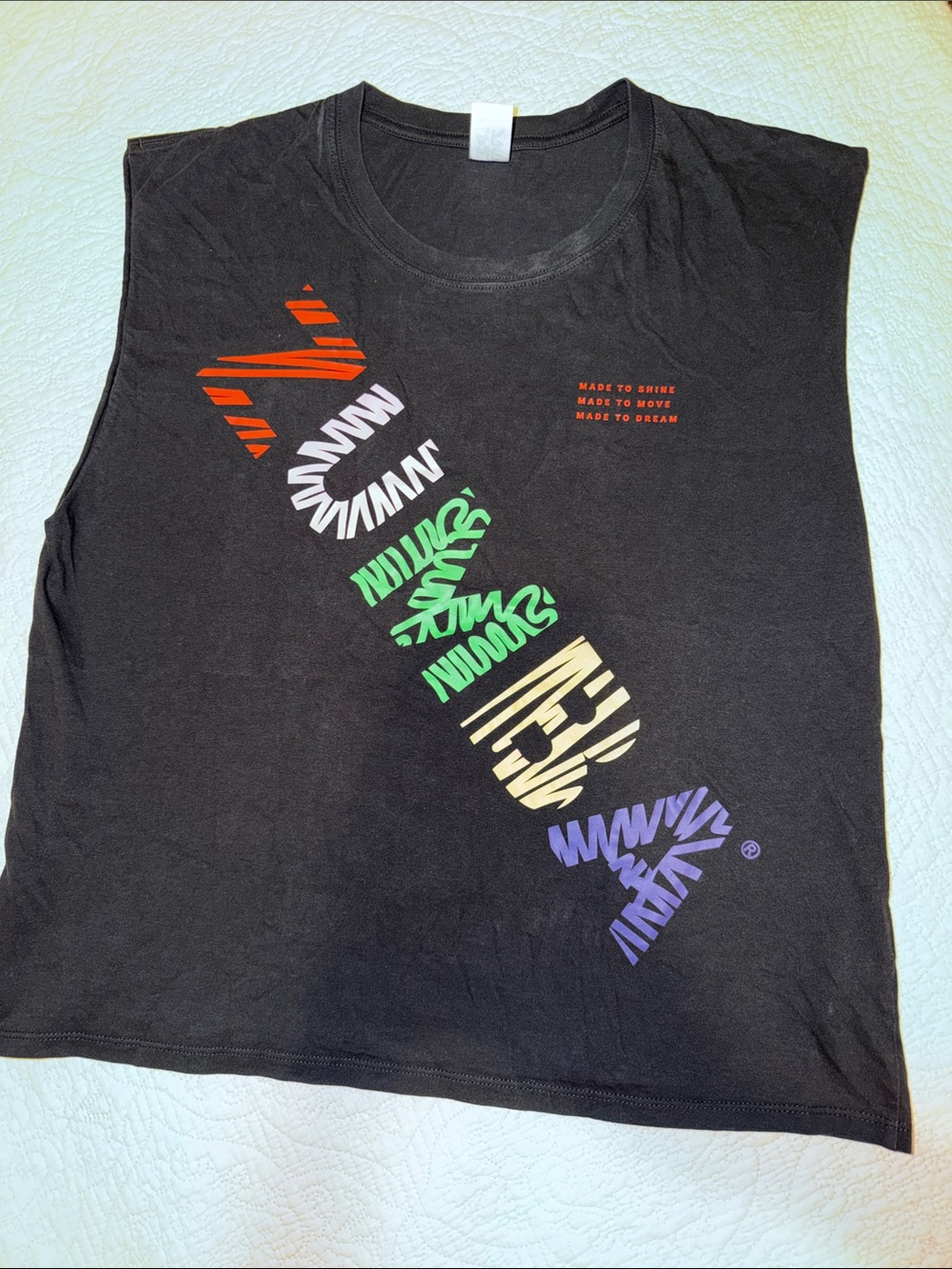 Zumba Fitness Black Tank Top with Red, White, Green, Yellow, Purple Graphics